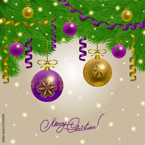 Background with baubles, christmas tree.