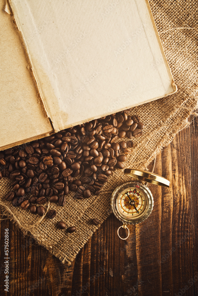 Coffee beans and compass Coffee beans and compass