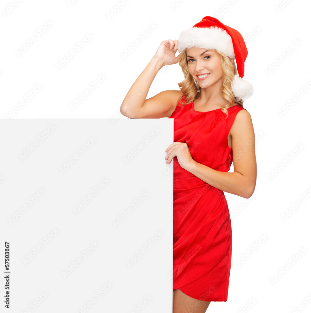woman in santa helper hat with blank white board woman in santa helper hat with blank white board