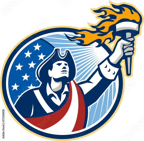 American Patriot Holding Torch Stars Stripes Flag