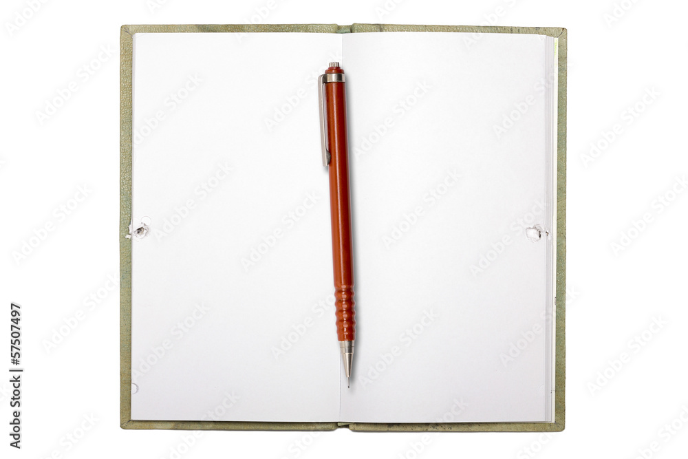 blank page of note book and mechanical pencil, isolated on whit blank page of note book and mechanical pencil, isolated on whit
