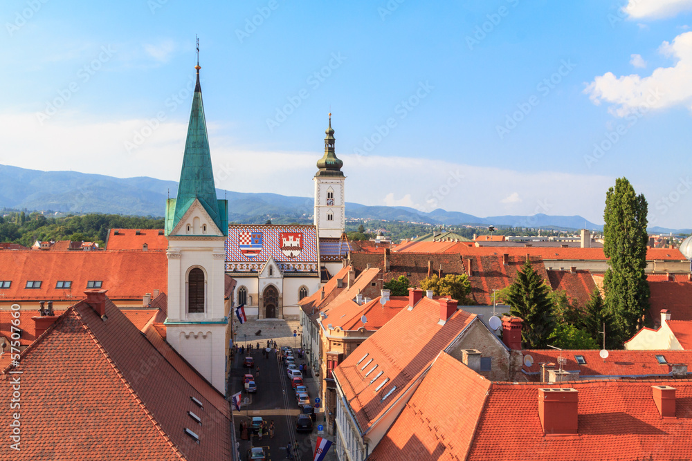 Fototapeta premium St Mark's church in Zagreb from above