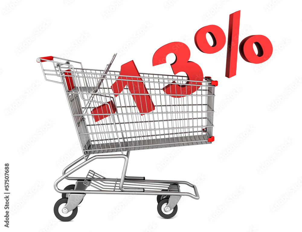 shopping cart with 13 percent discount isolated on white backgro shopping cart with 13 percent discount isolated on white backgro