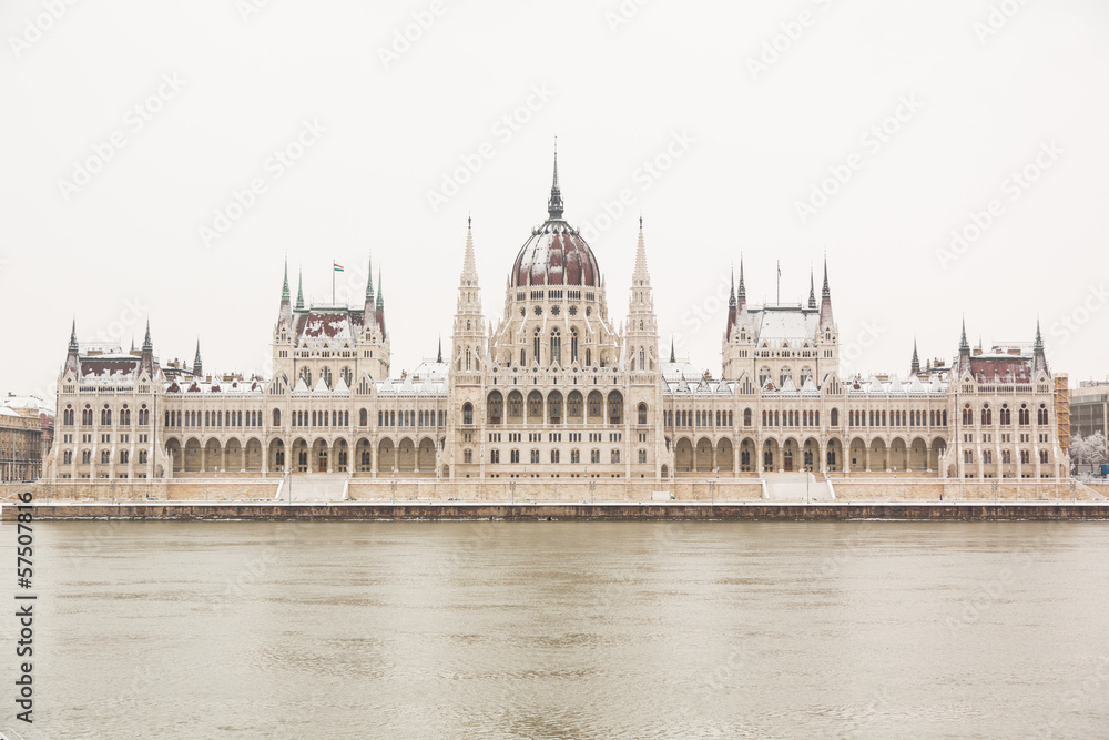 Parliament in Budapest on a Snowy Day