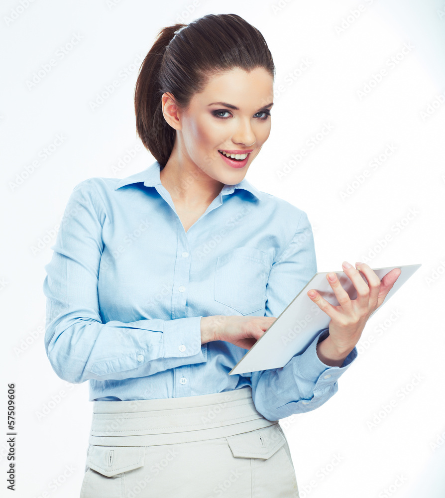 Woman hold white paper banner isolated over white background Woman hold white paper banner isolated over white background