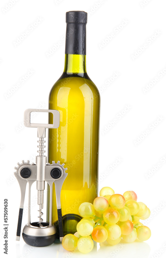 Obraz premium Composition of corkscrew and bottle of wine, grape, isolated