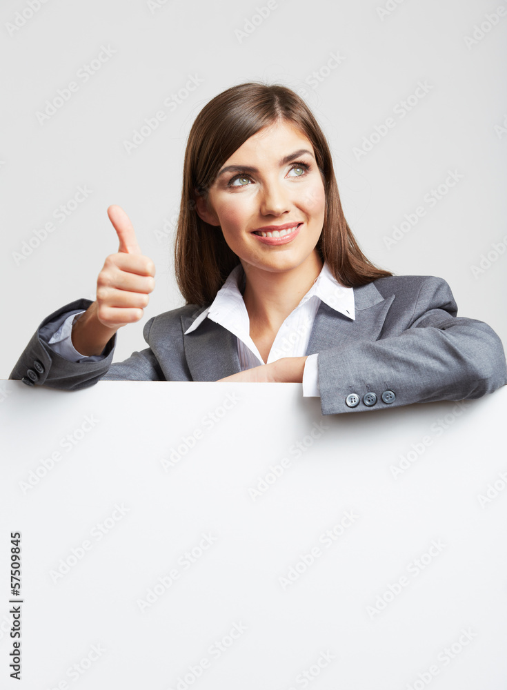 Business woman portrait isolated on gray.