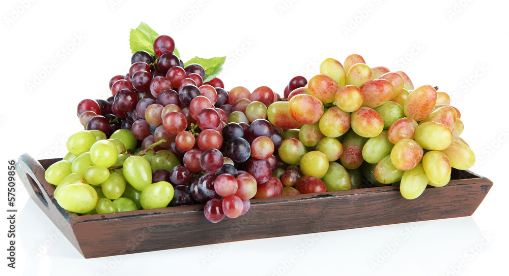 Fresh grape on wooden tray on isolated on white Fresh grape on wooden tray on isolated on white