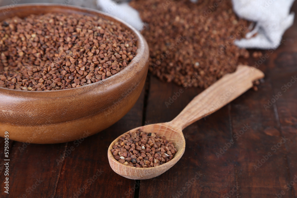 Buckwheat groats in bowl and wooden spoon closeup Buckwheat groats in bowl and wooden spoon closeup
