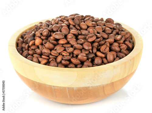 Coffee beans in bowl isolated on white