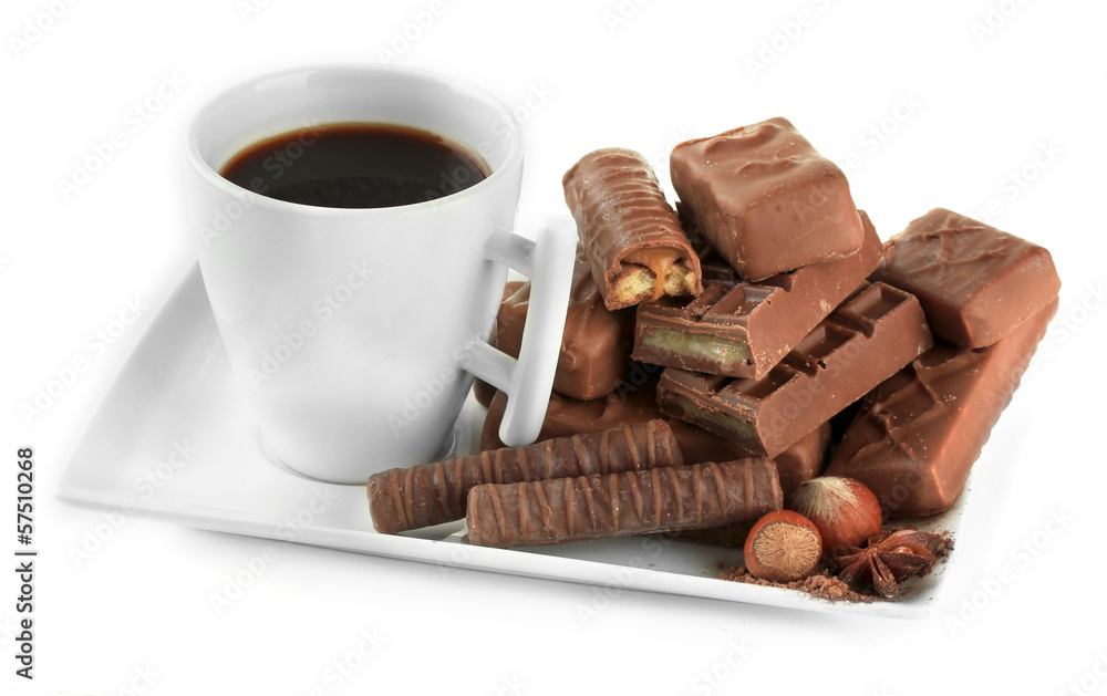 Delicious chocolate bars on plate with coffee isolated on white Delicious chocolate bars on plate with coffee isolated on white