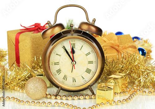 Composition of clock and christmas decorations isolated on