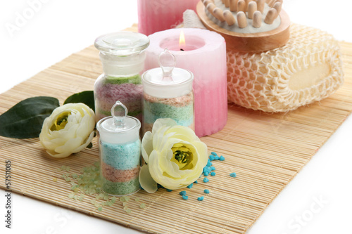 Aromatic salts in glass bottles and spa treatment,