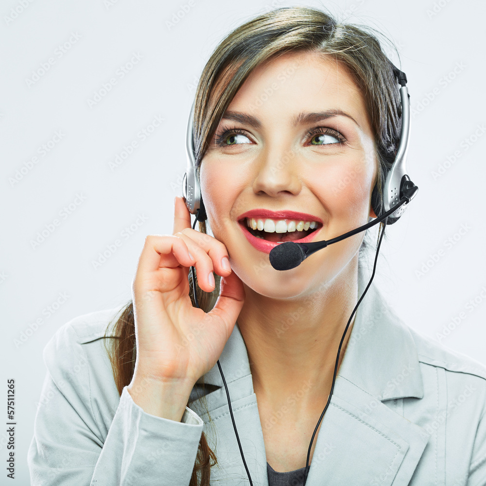 Portrait of woman customer service worker, call center smiling Portrait of woman customer service worker, call center smiling