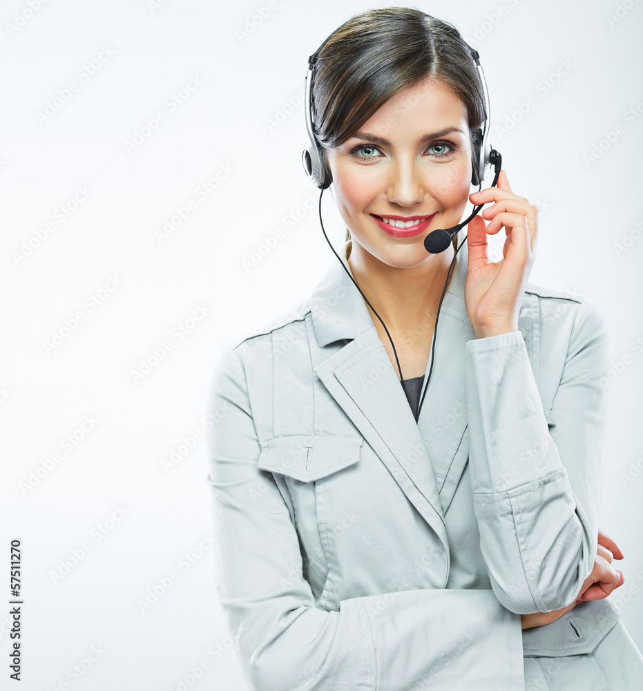 Portrait of woman customer service worker, call center smiling Portrait of woman customer service worker, call center smiling