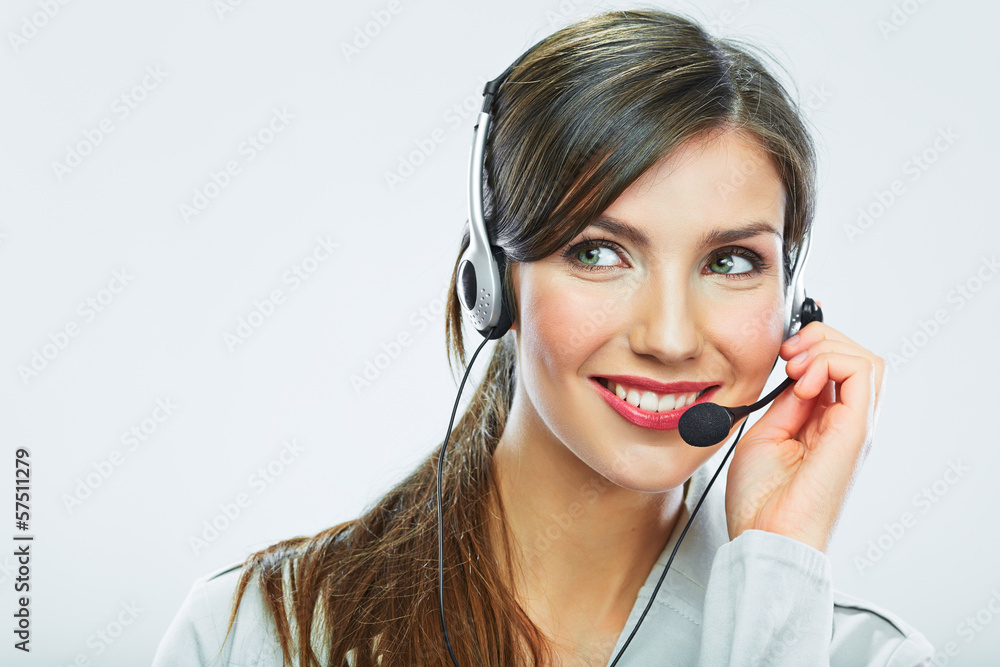 Customer support operator. Woman face.Call center smiling opera Customer support operator. Woman face.Call center smiling opera