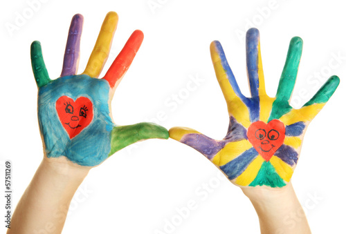 Painted hands with smile isolated on white