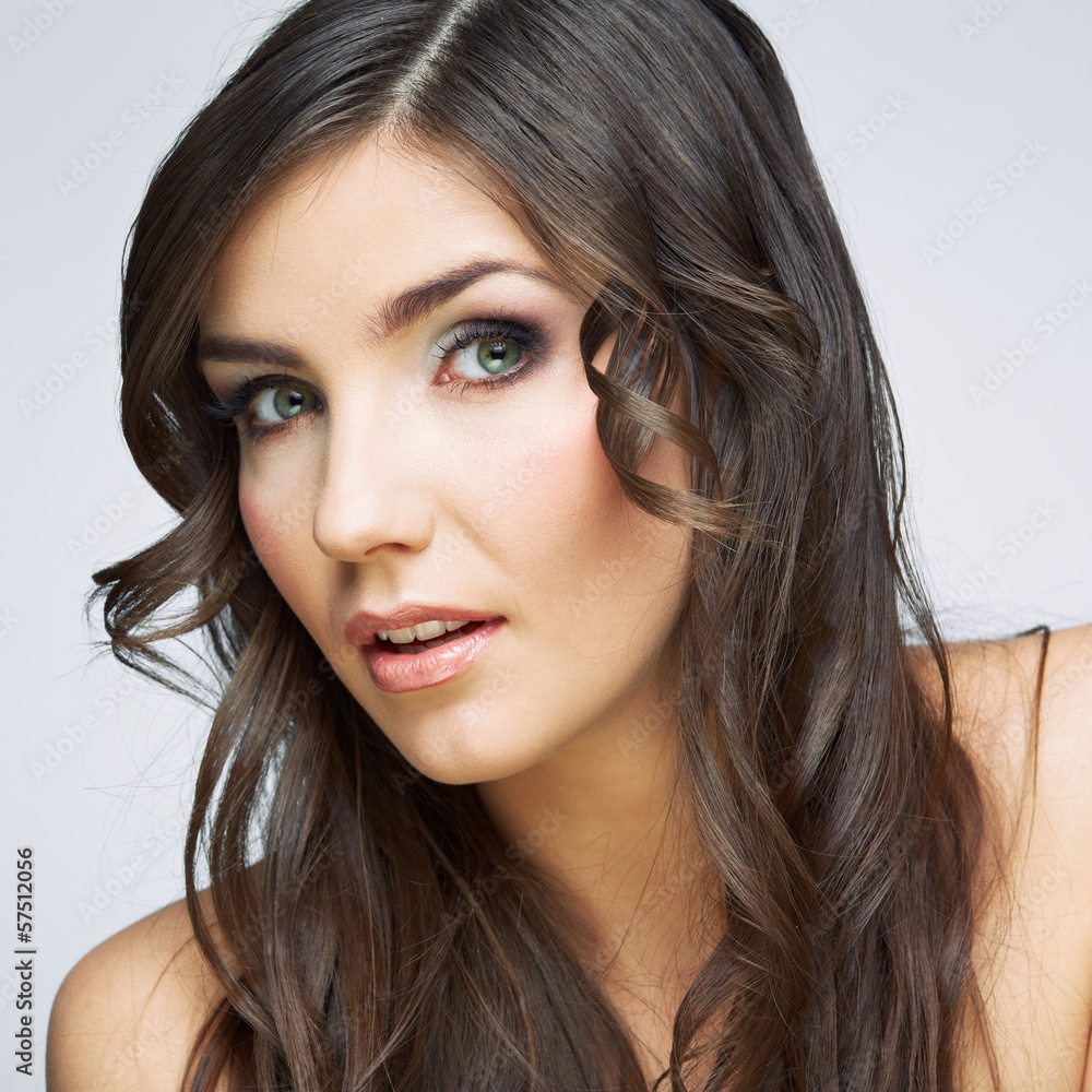 Woman beauty portrait, sensual open lips. Long hair style. Woman beauty portrait, sensual open lips. Long hair style.