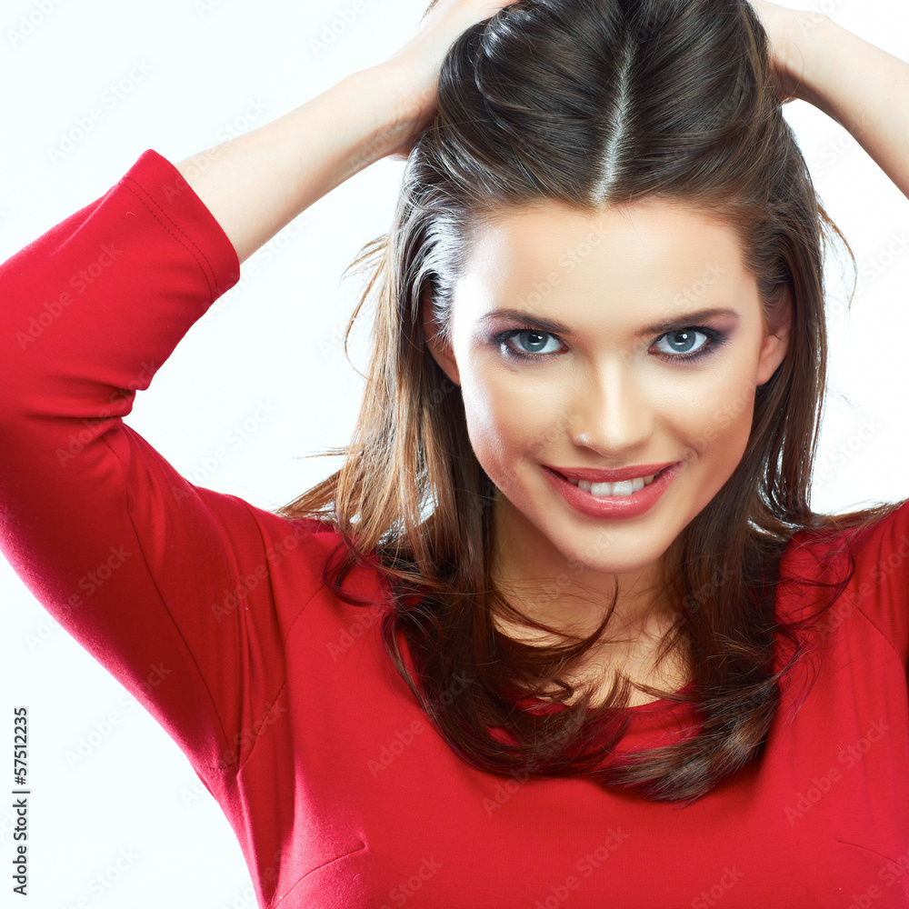 Naklejka premium Smiling woman hair beauty portrait. Beautiful smiling girl isol