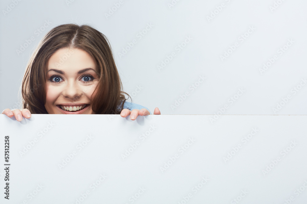 Business woman face looking out white banner. Business woman face looking out white banner.