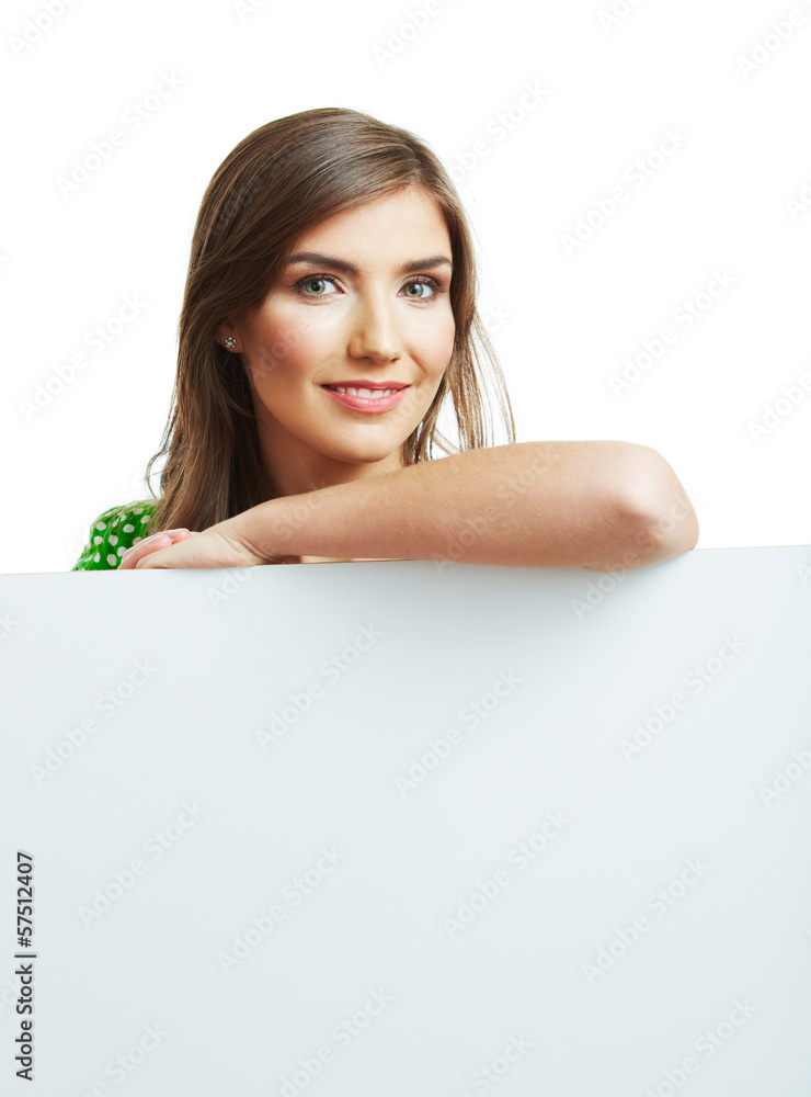 Smiling woman with big blank board Smiling woman with big blank board