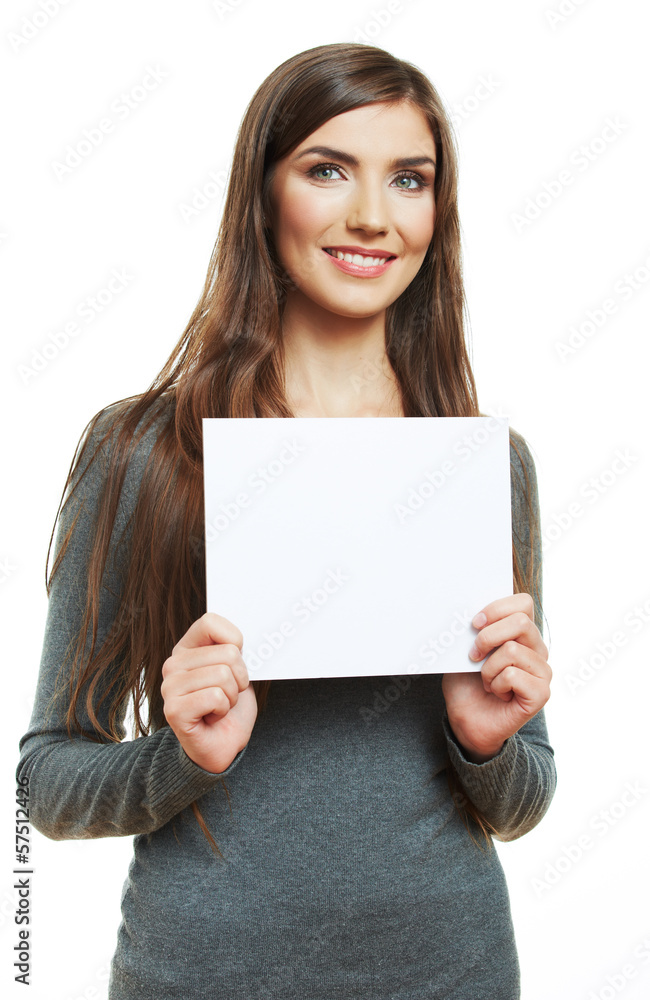 Smiling woman leaning on big blank board . Smiling woman leaning on big blank board .