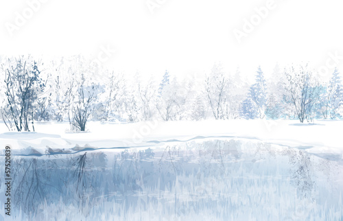 Vector of winter scene with river and forest background.