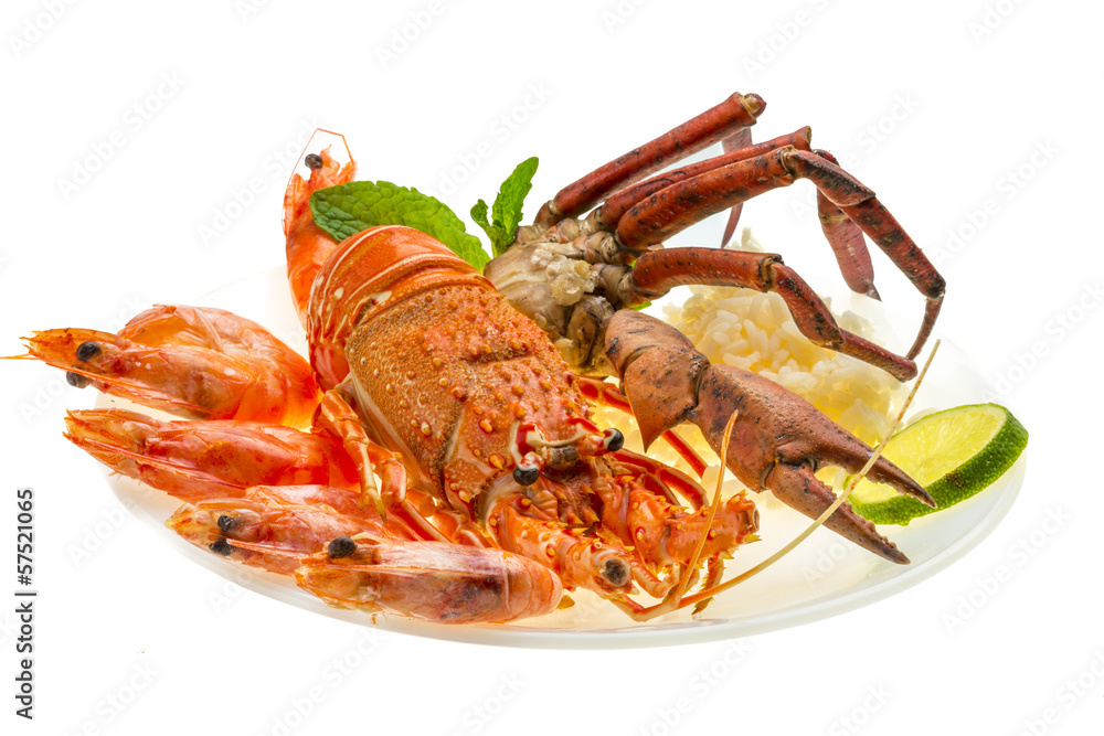 Spiny lobster, shrimps, crab legs and rice Spiny lobster, shrimps, crab legs and rice