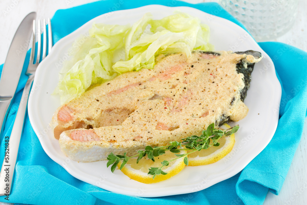 salmon with salad on plate salmon with salad on plate