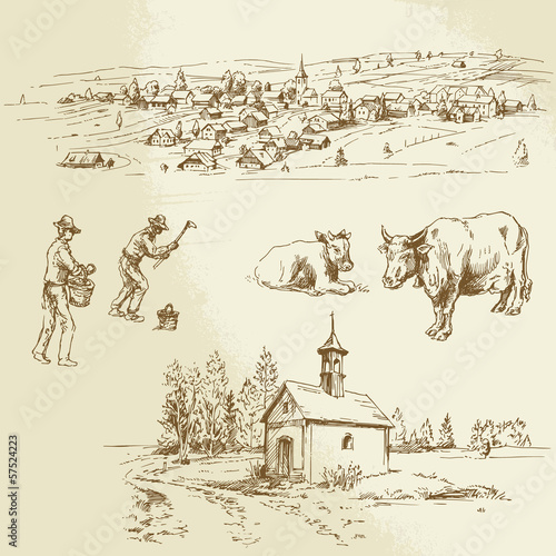 rural village, agriculture - hand drawn illustration