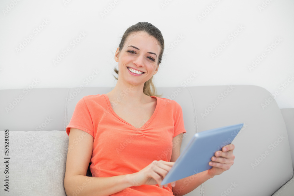 Cheerfully smiling woman working with her tablet sitting on couc Cheerfully smiling woman working with her tablet sitting on couc