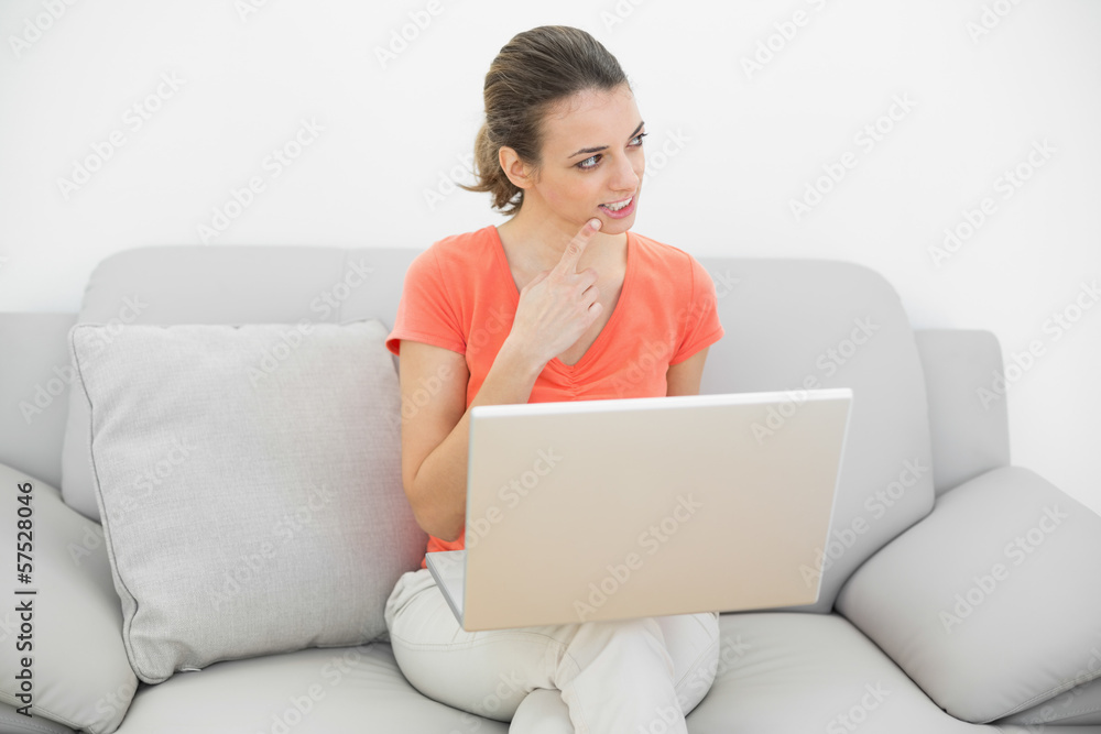 Attractive thoughtful woman using her notebook sitting on couch Attractive thoughtful woman using her notebook sitting on couch