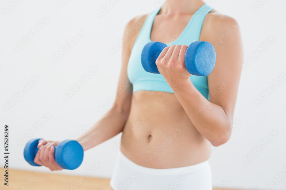Mid section of a woman with dumbbells at fitness studio Mid section of a woman with dumbbells at fitness studio
