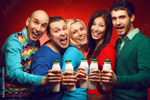 Photography Healthcare concept: five stylish friends with milk products