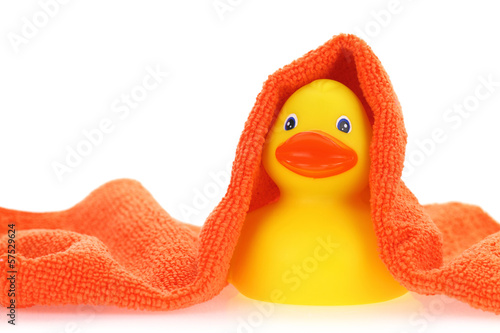 Obraz na plátně Rubber yellow duck with towel
