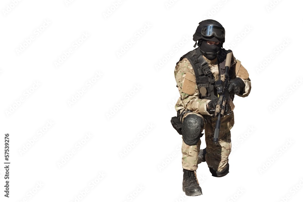 Special Forces soldier, with assault rifle, isolated on white Special Forces soldier, with assault rifle, isolated on white