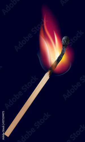 Burning match on black. Vector illustration