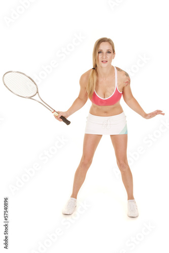 woman pink bra skirt tennis