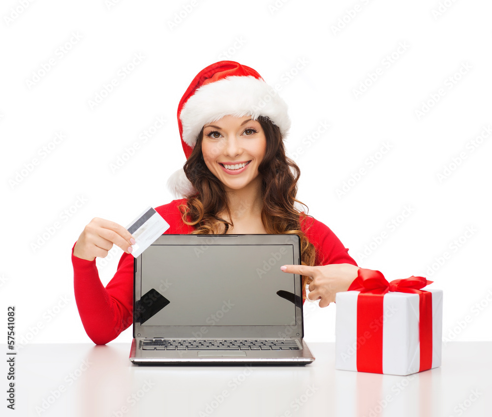 woman with gift, laptop computer and credit card woman with gift, laptop computer and credit card