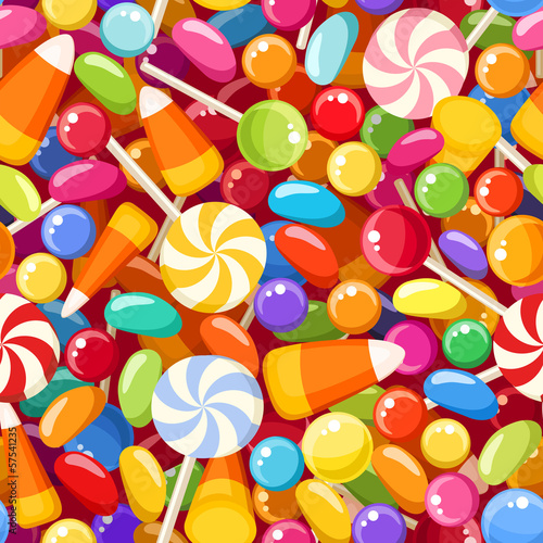 Seamless background with various candies. Vector illustration.