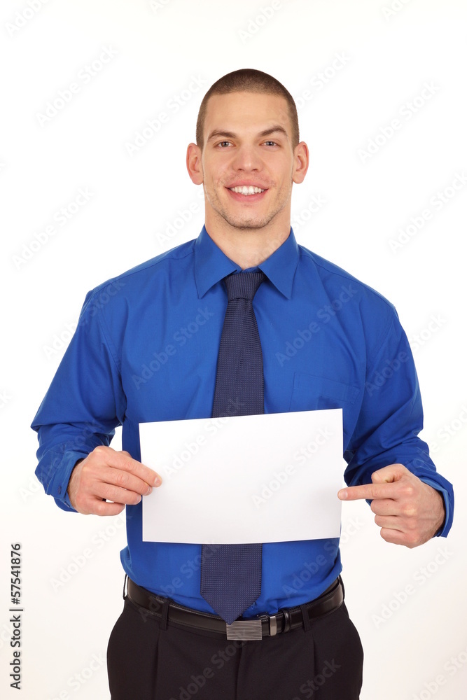 Young business man at blue shirt holds paper. Young business man at blue shirt holds paper.