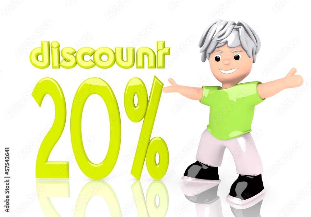 3d graphic of a -20 discount symbol with cute 3d character 3d graphic of a -20 discount symbol with cute 3d character