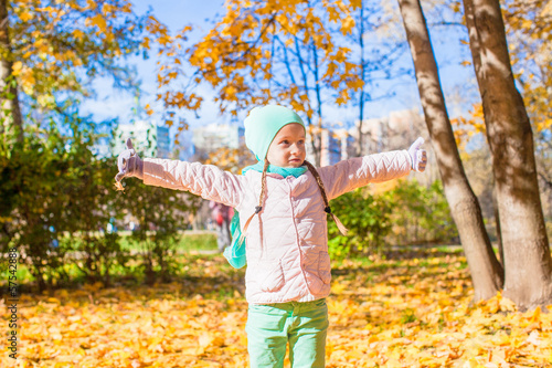 Little funny girl throws autumn leaves in the park on a sunny