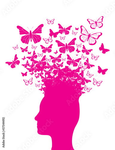 Pink head silhouette and butterflies © dzxy