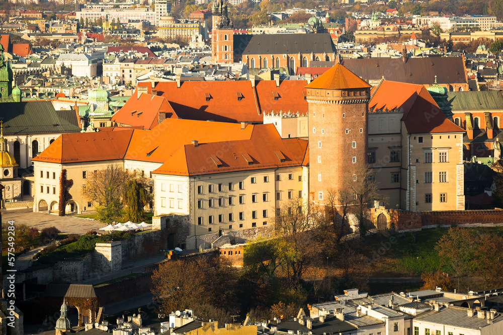 Aerial view of Royal Wawel castle in Krakow, Poland.