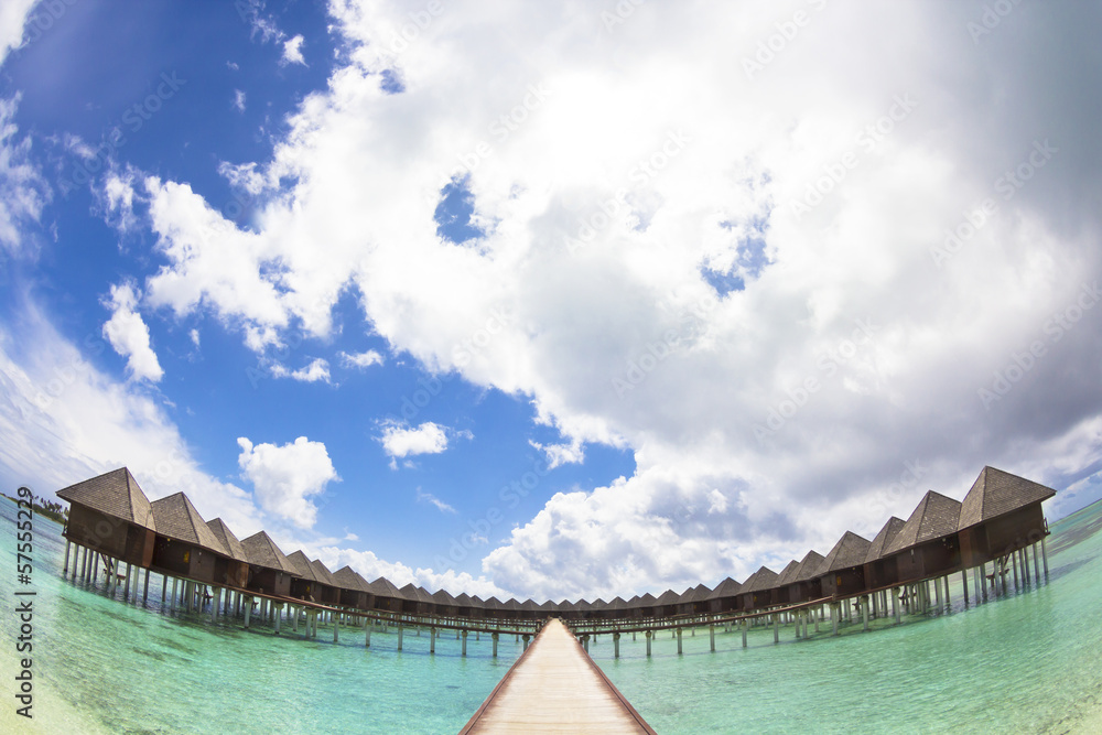 beautiful water villa with cloud . maldives