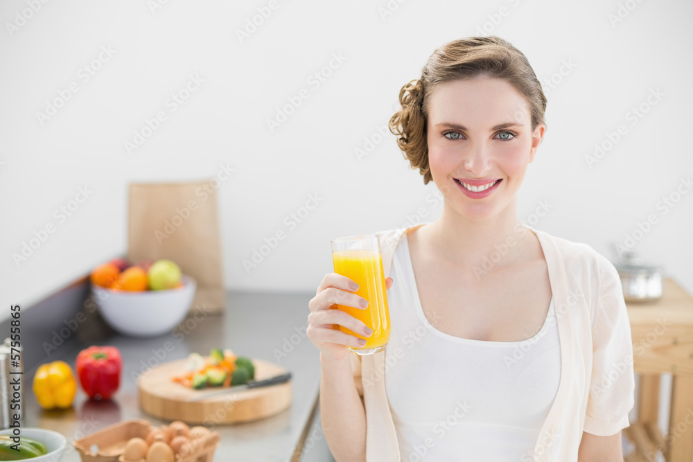 Beautiful woman posing in her kitchen holding a glass of orange