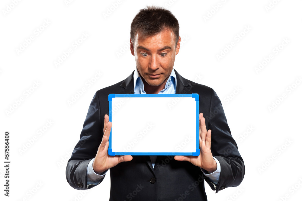 one business man holding showing whiteboard one business man holding showing whiteboard