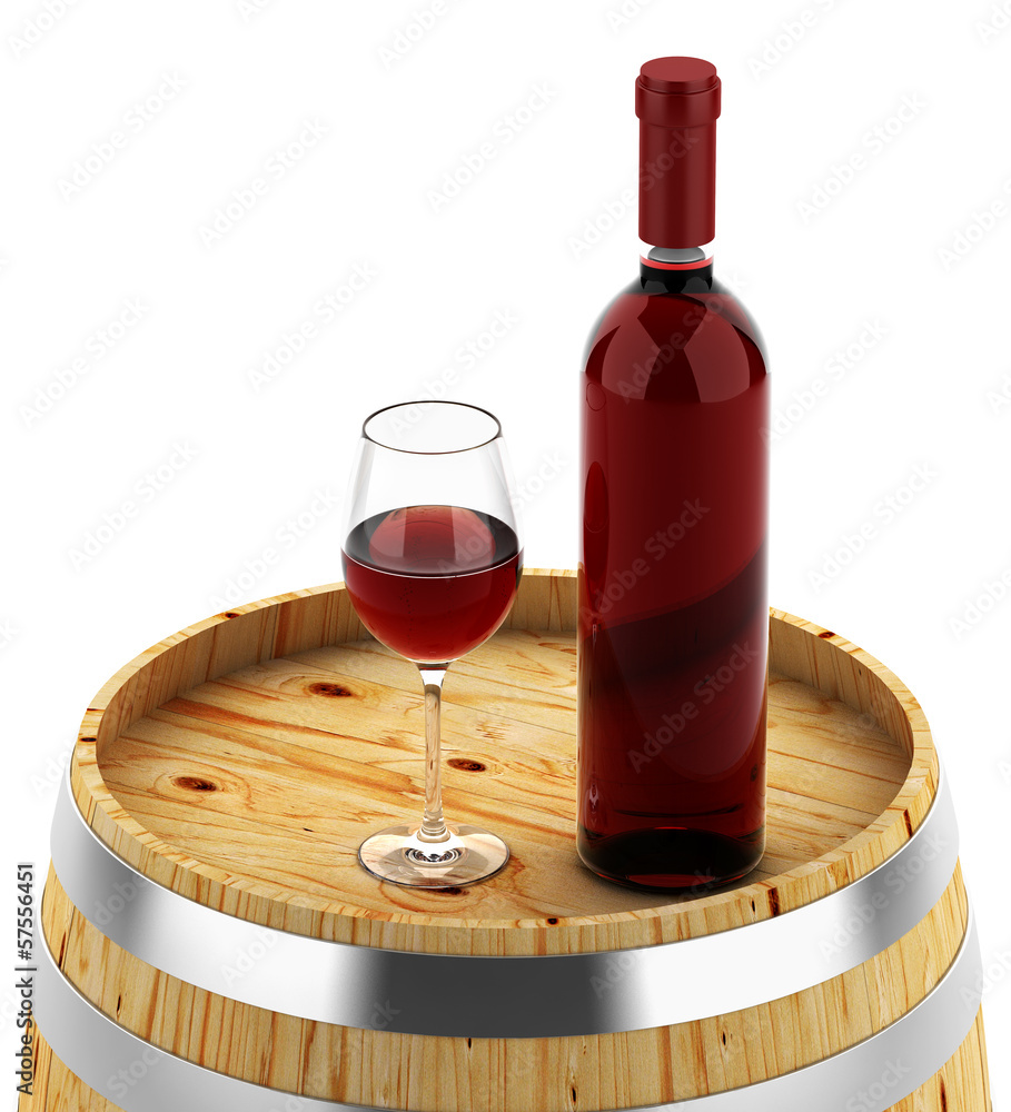 Wine bottle on a wooden barrel isolated