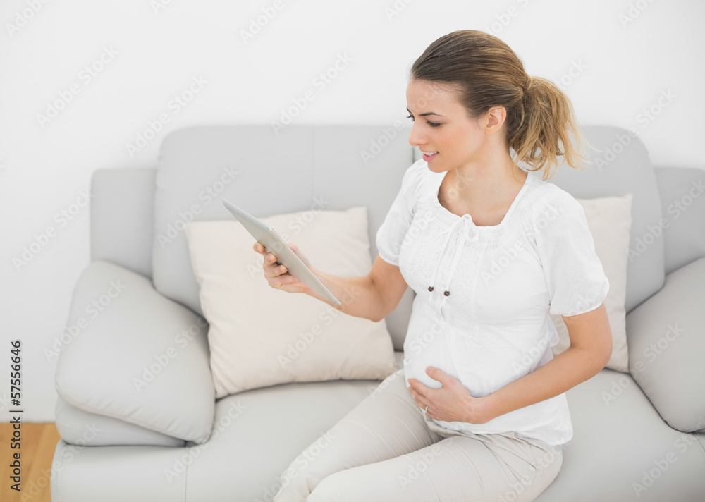 Cute pregnant woman touching her belly while using her tablet Cute pregnant woman touching her belly while using her tablet